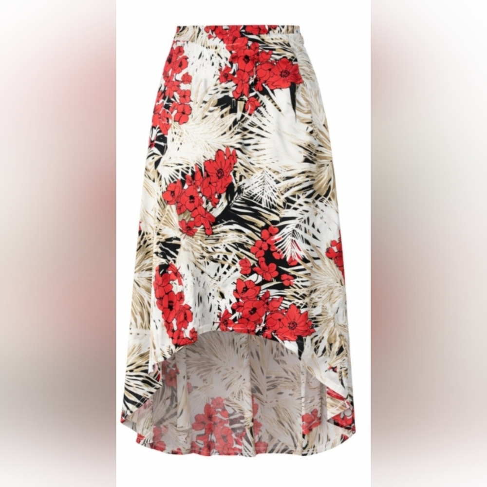 Chico's Tropical Palm Floral Maxi Skirt Red White Asymmetrical High Low Size 3 X - Picture 3 of 6